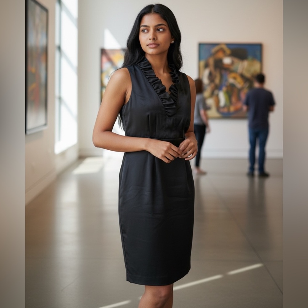 Taylor Black Ruffled V-Neck Midi Dress